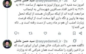 آیت‌الله عاملی: ایران‌ایرتور در تأخیرهای پروازی رکورد شکسته است